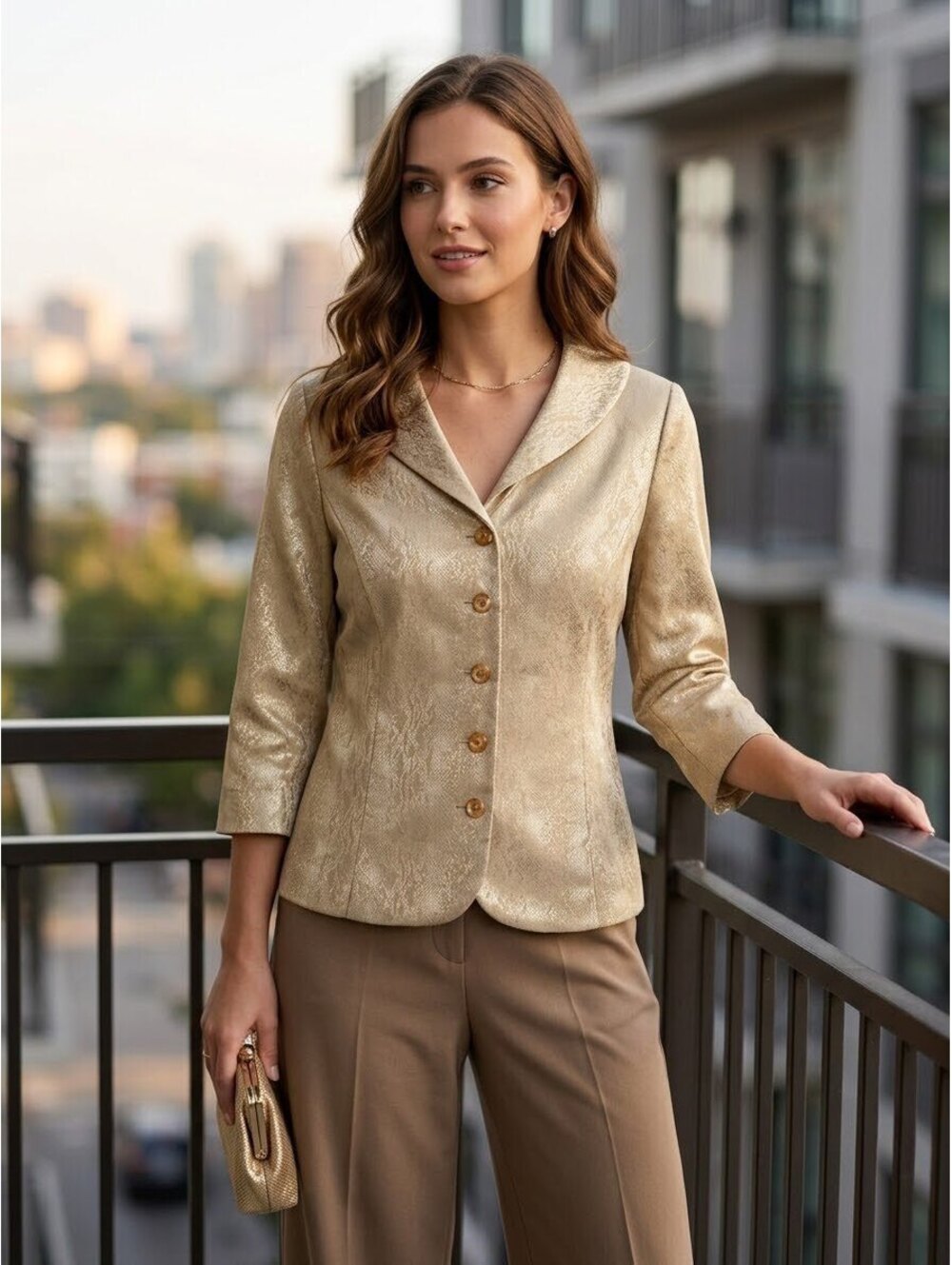 Vintage Carole Little Tea Party Jacquard Gold Blazer Jacket Size 6